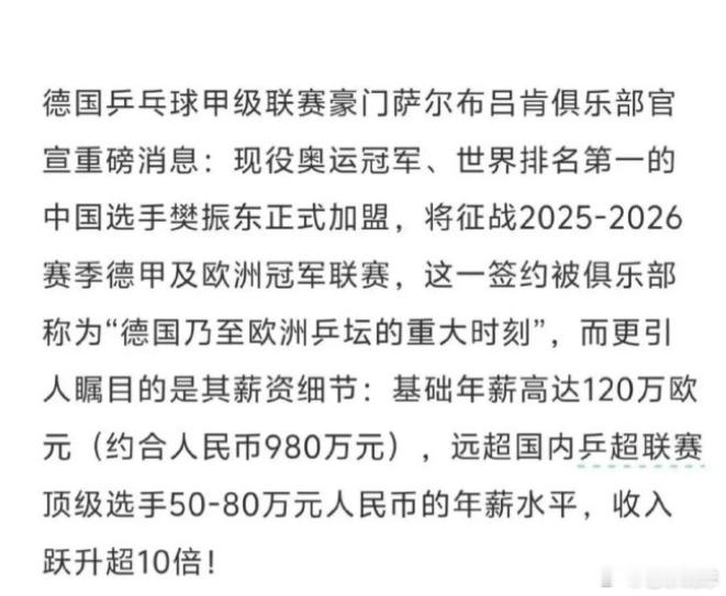 热点解读 樊振东德甲或只战关键比赛 樊振东加盟德甲联赛，薪资方面，确实没有人提起