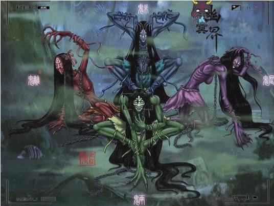 上联：琴瑟琵琶，八大王一般头面；
下联：魑魅魍魉，四小鬼同样皮囊。