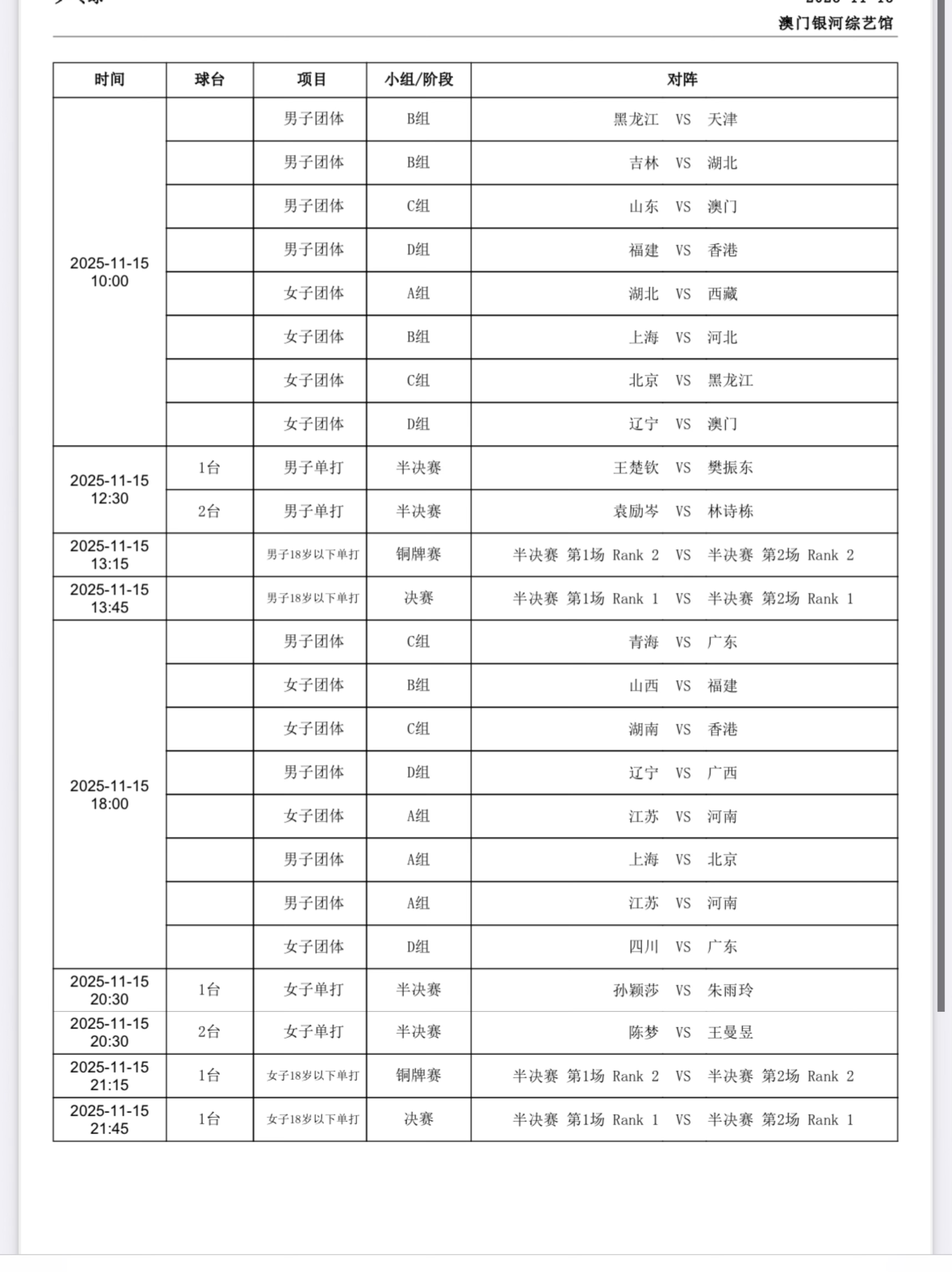 乒乓球项目11月15日赛程 