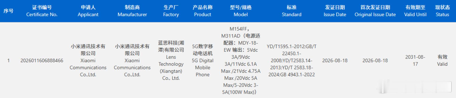 小米18Pro系列过3C认证，快充规格依旧是最高100W有线，大概率同时支持10