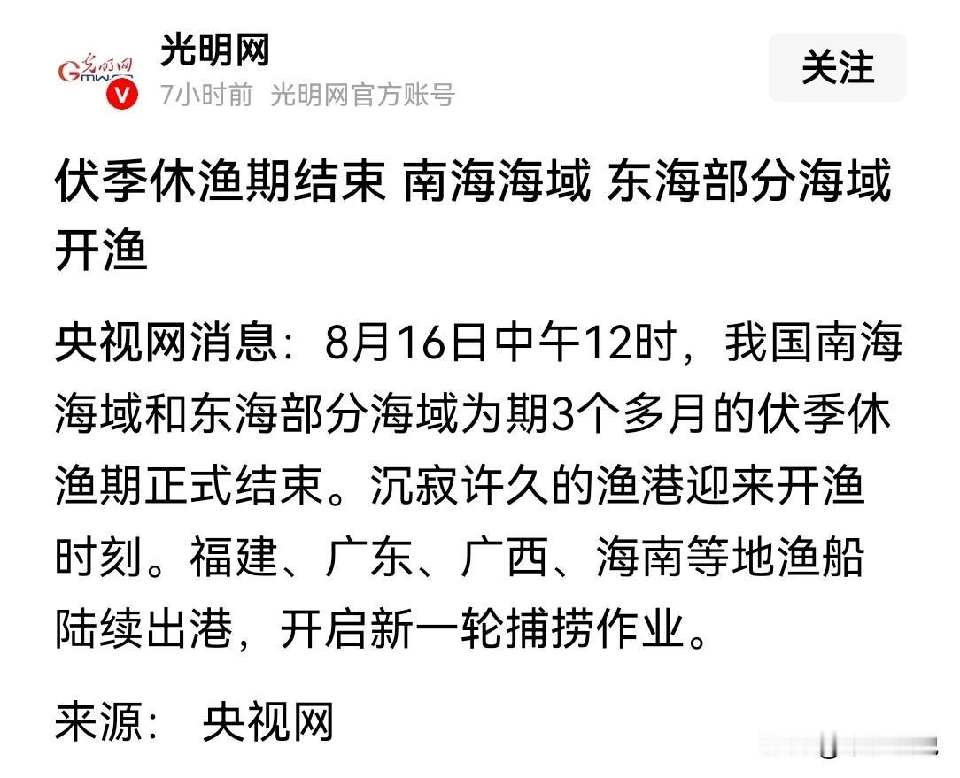 民间海上长城，南海伏季休渔期正式结束
8月16日，南海伏季休渔期正式结束，各地渔