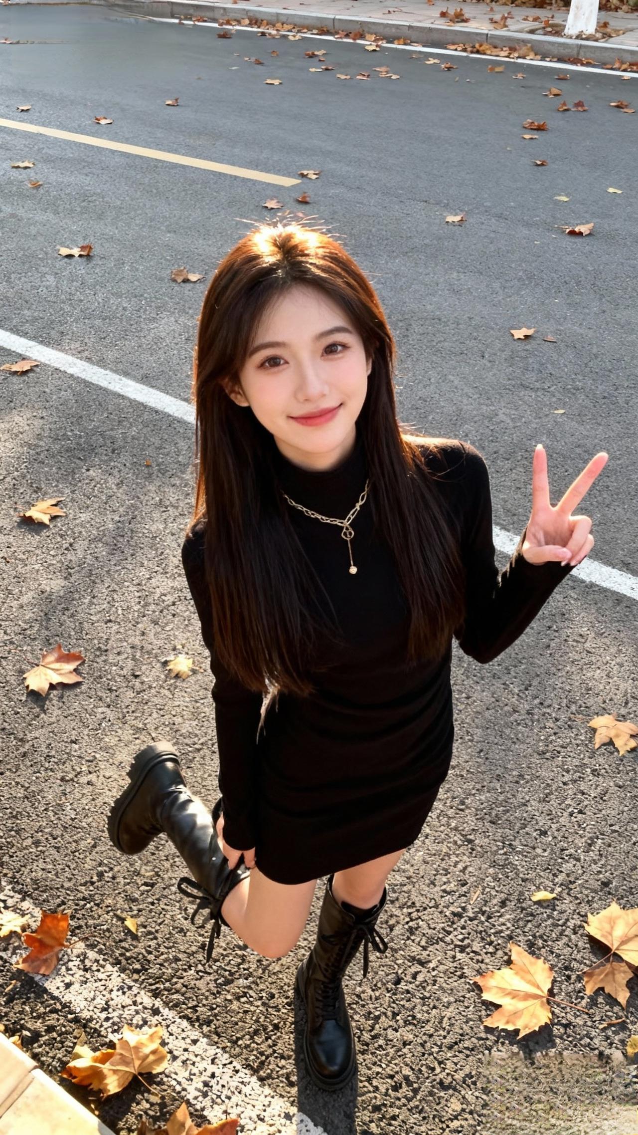 秋日暖阳下，少女俏皮比V，黑裙与落叶相映成趣。