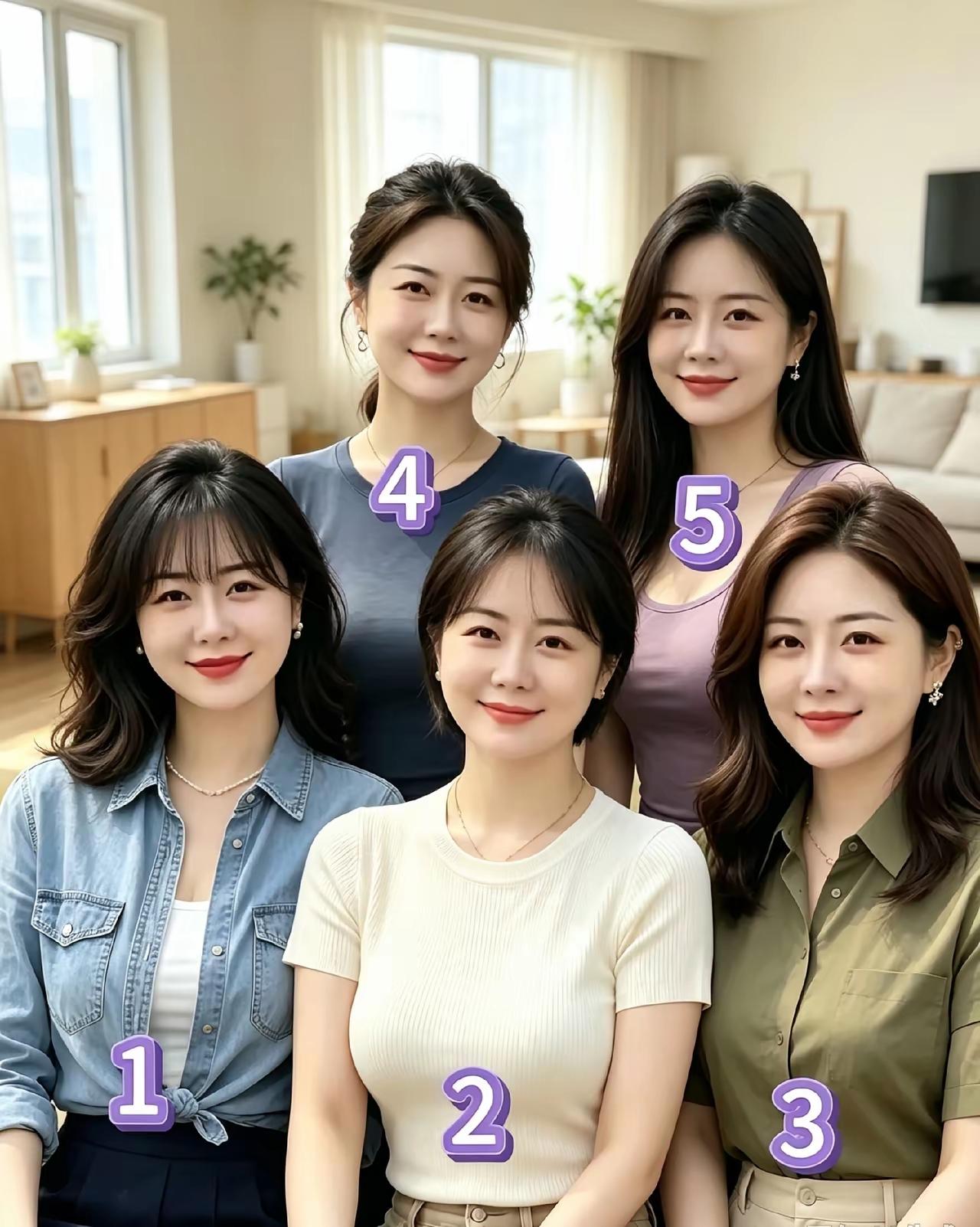 我选1号鹅蛋脸当婆娘，她长发垂肩，笑容灿烂 ，身穿牛仔服，两个衣襟还打个蝴蝶结，