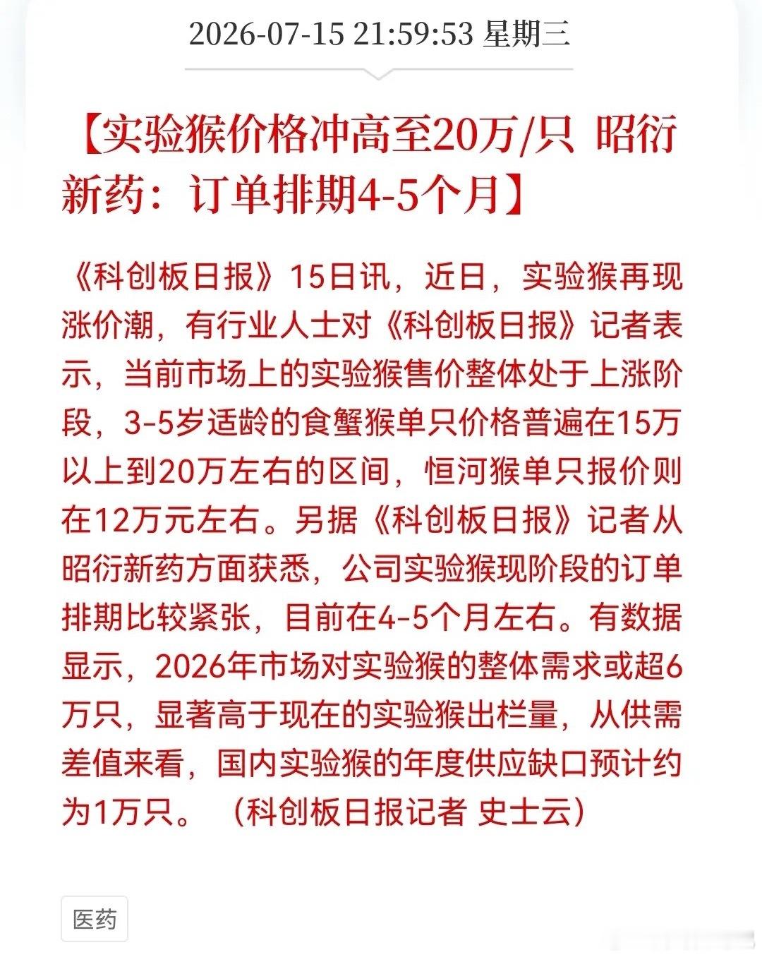 准备好麻袋吧！实验猴冲高至20万元/只的消息晚间继续发酵看来明天创新药板块又要被
