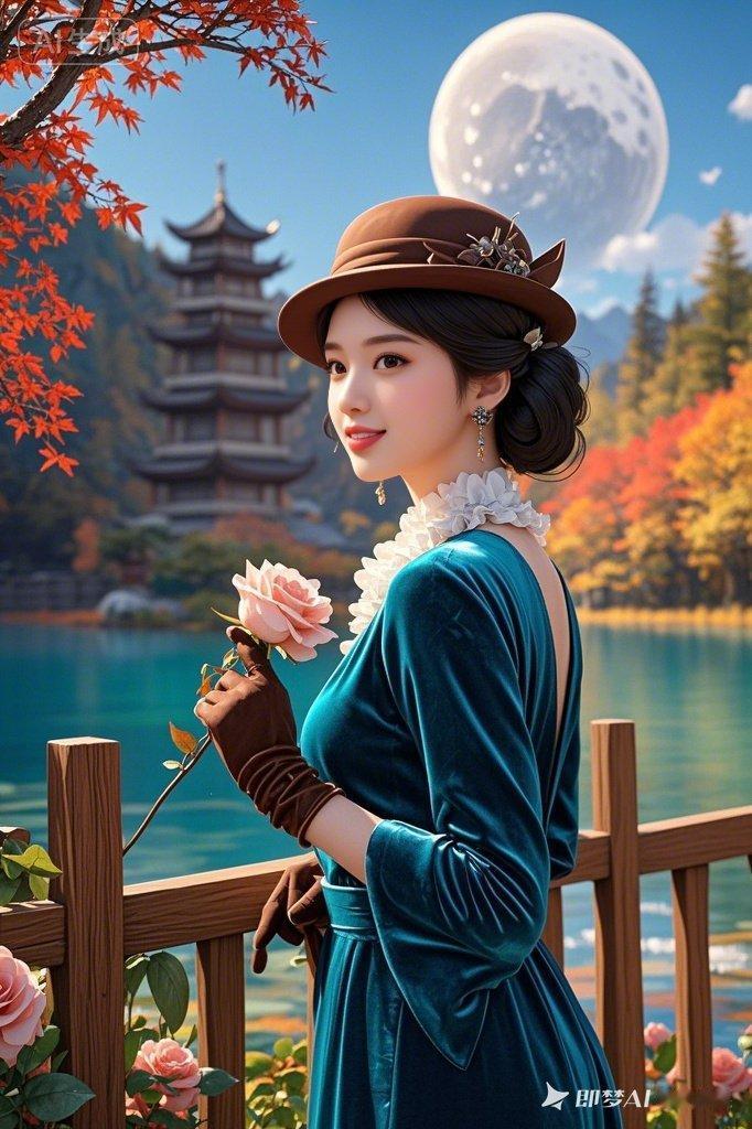 她站在湖边，手拿玫瑰花，风景很美。