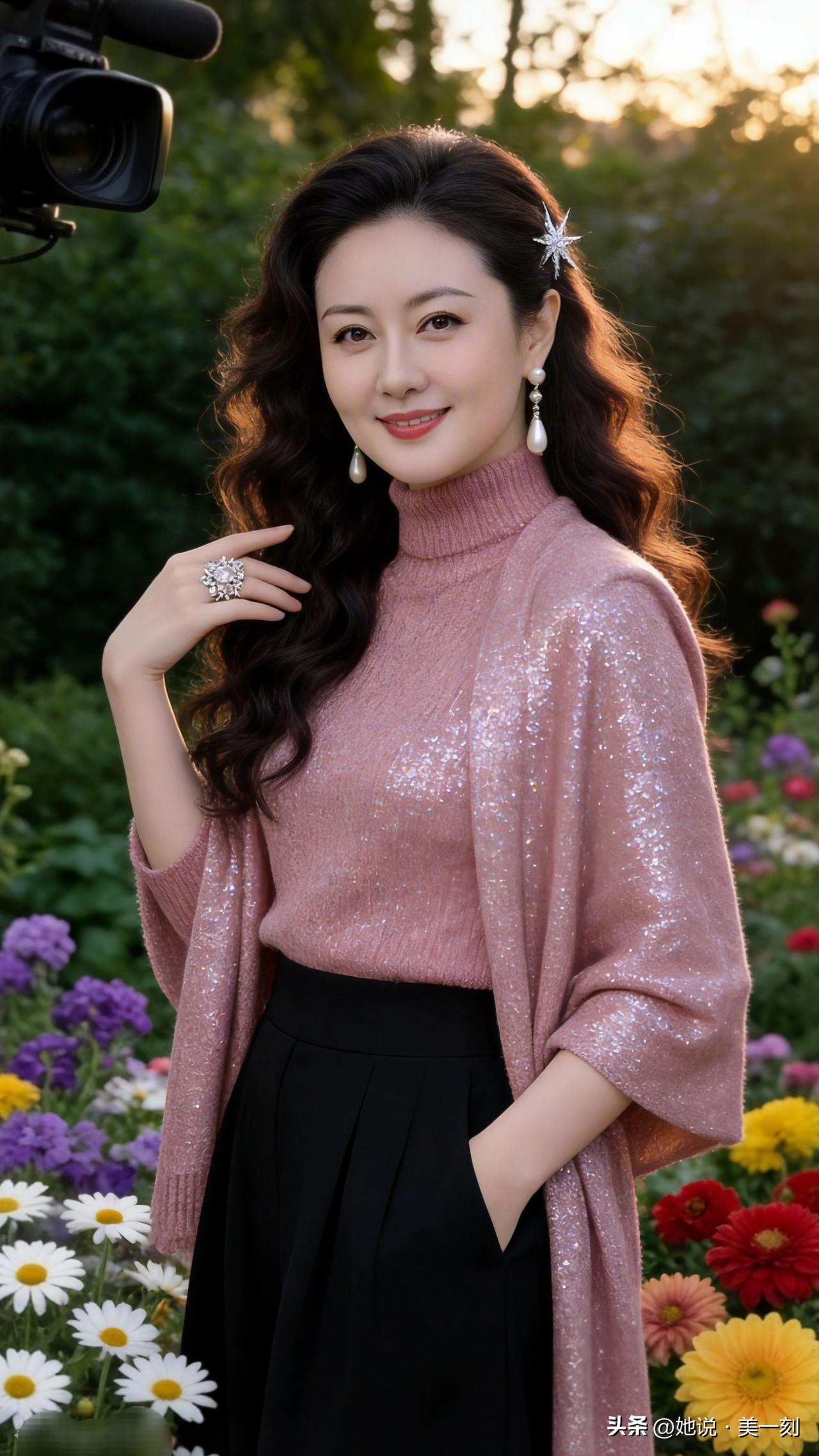 温柔粉紫色毛衣搭配黑色长裙，花海中的甜美少女。50岁以后，女人还能漂亮吗