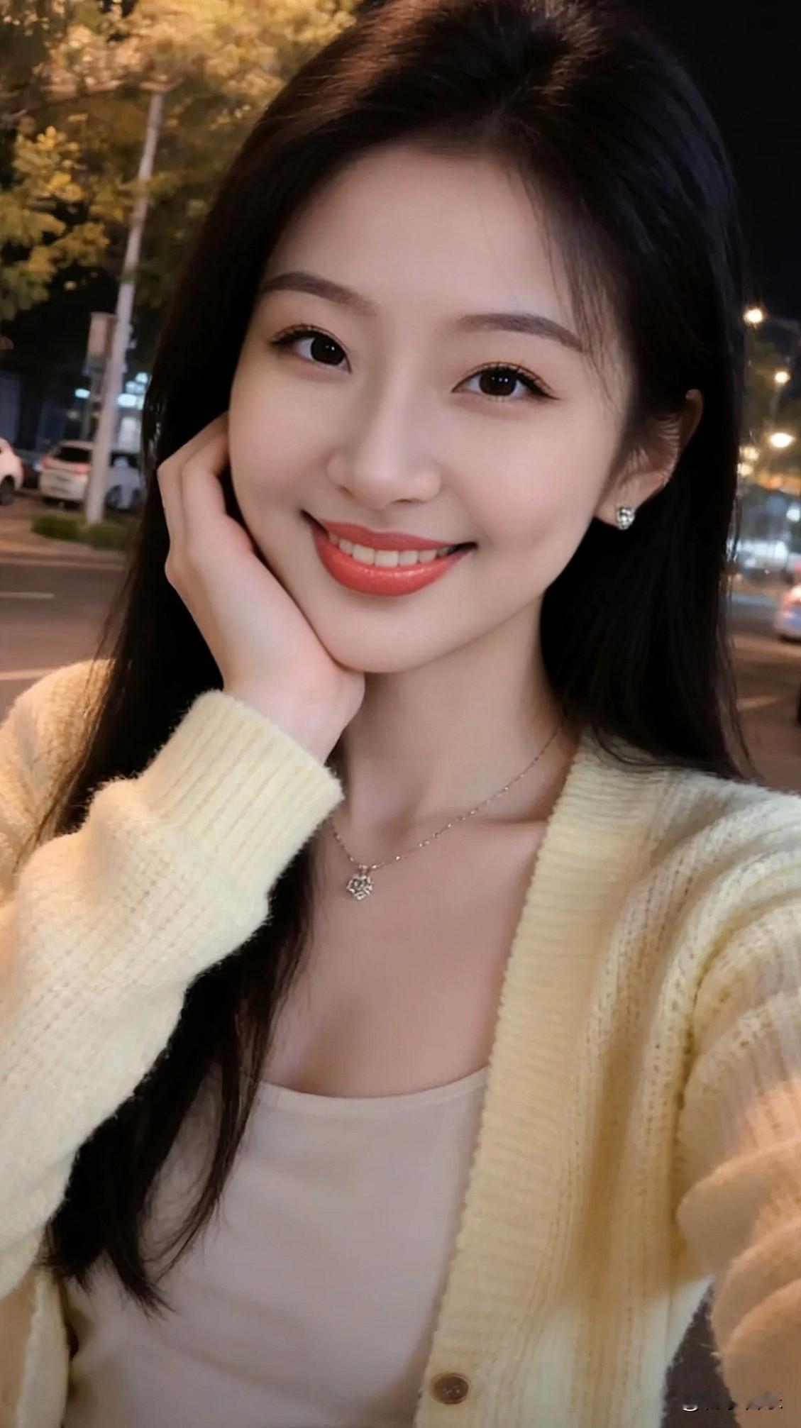夜色裹着暖意，毛衣的柔软撞上项链的微光，一笑便是整条街的甜。🍂✨ 分享一下你随