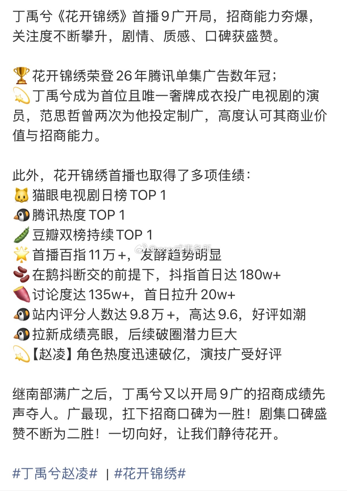 丁禹兮《花开锦绣》开播成绩，9广开局，荣登26年腾讯单集广告数年冠，各类权威榜t
