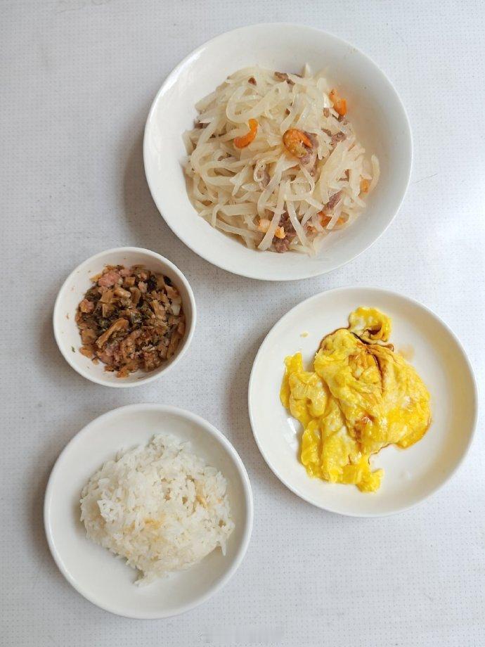 午饭，虾米炒萝卜丝，炒滑蛋，肉末梅菜，米饭。