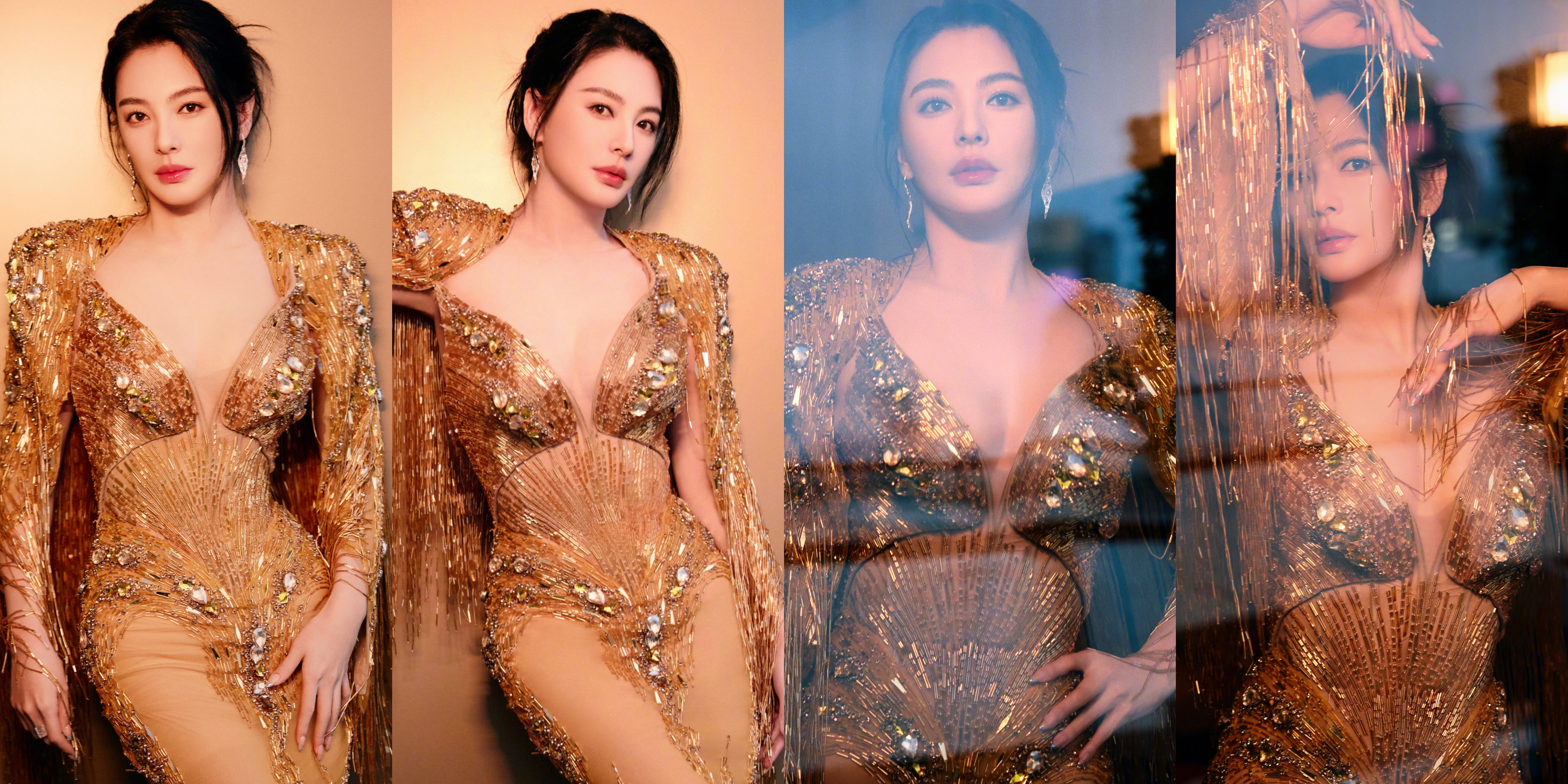 张雨绮穿搭壁纸：金色礼服，无限明媚。张雨绮