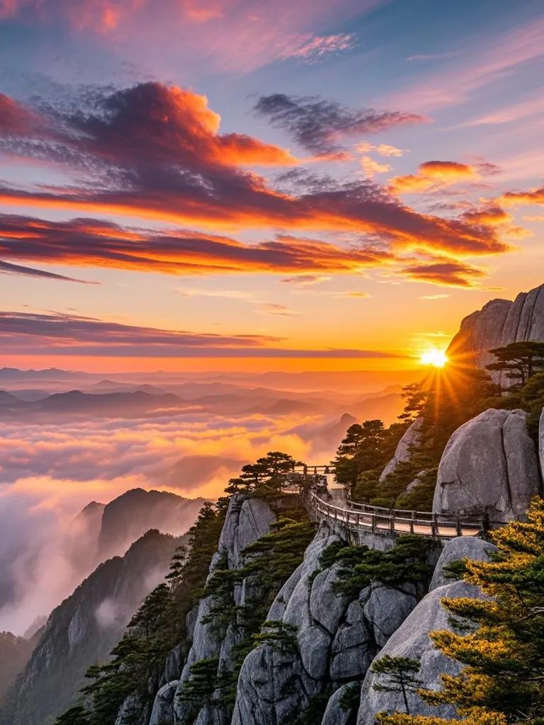 庐山的夕阳，是大自然的狂欢。橙、红、紫交织的晚霞，在山顶上尽情舞蹈，那色彩如同舞