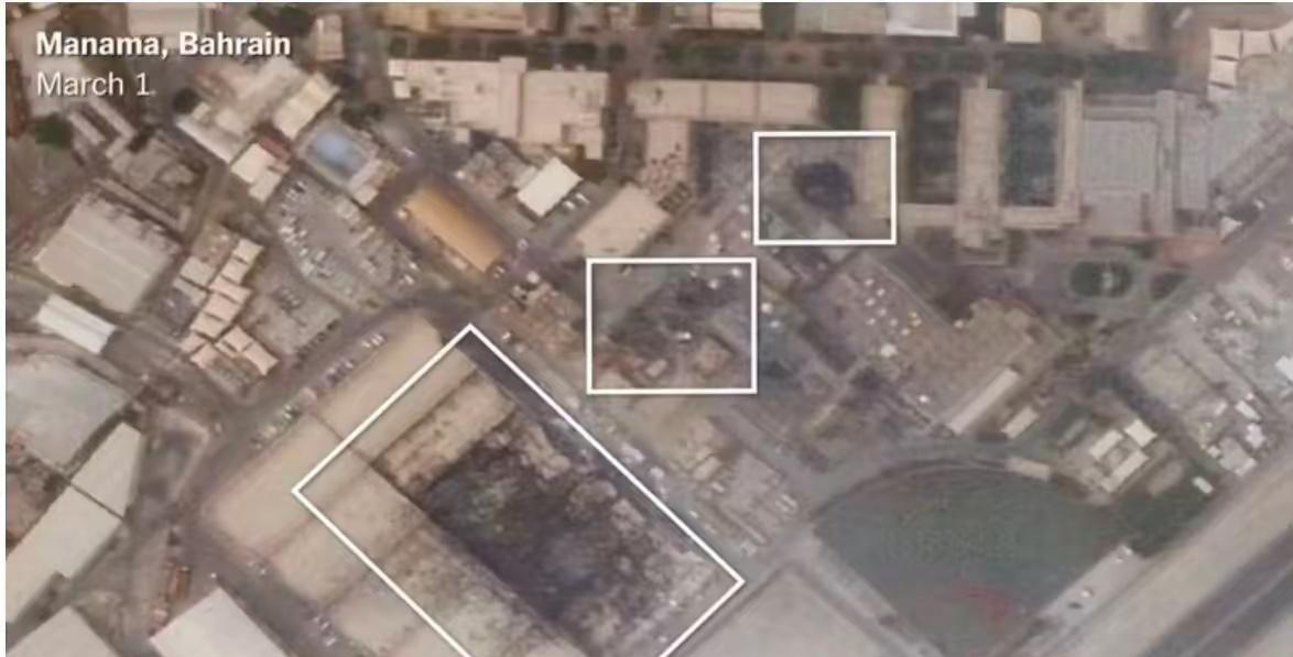 快讯！卫星图像证实，位于巴林麦纳麦市的美国海军第五舰队总部的两个卫星终端，被伊朗