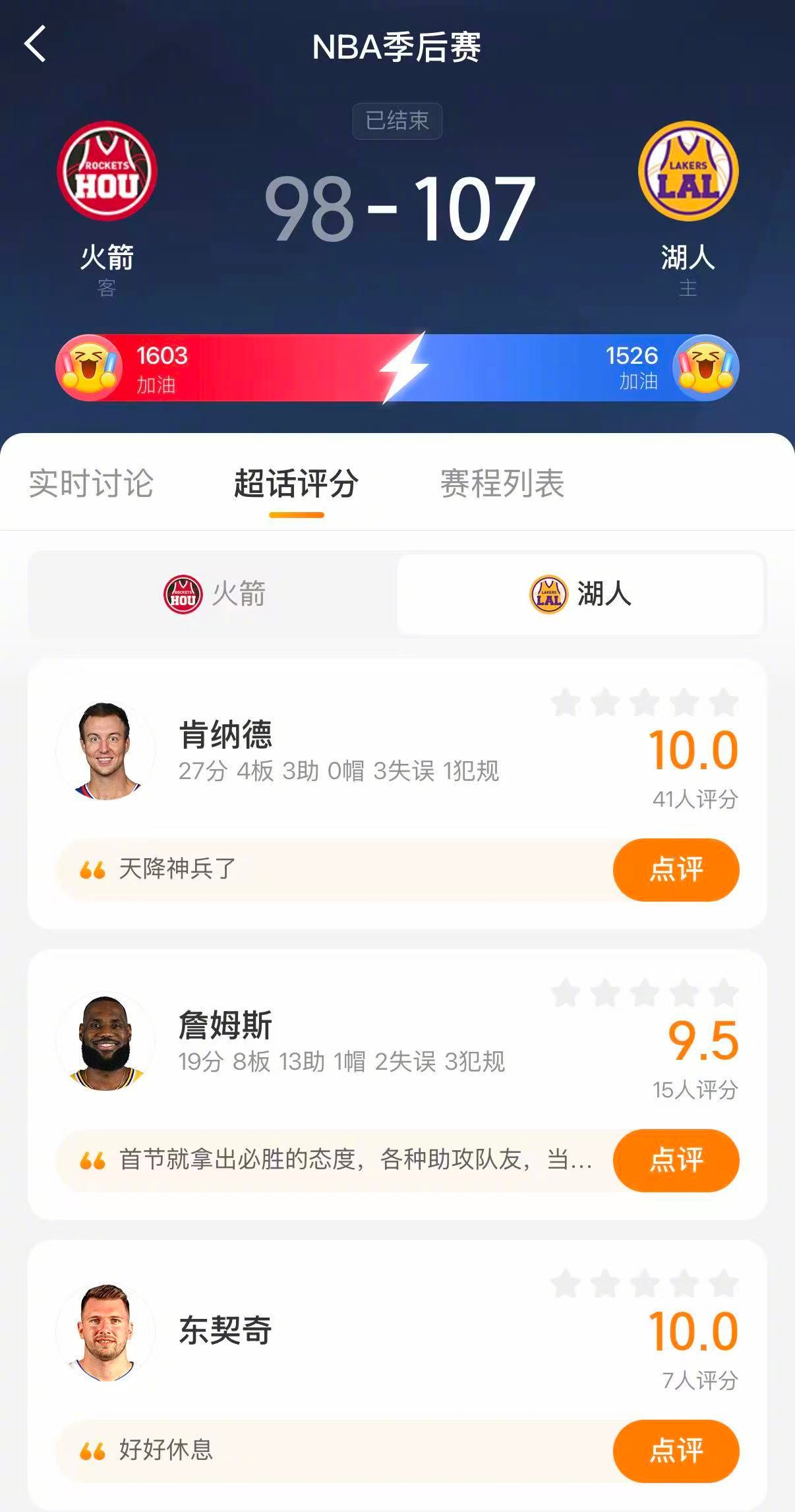 湖人1比0火箭 湖人107-98战胜火箭，系列赛1-0领先。肯纳德27分，詹姆斯