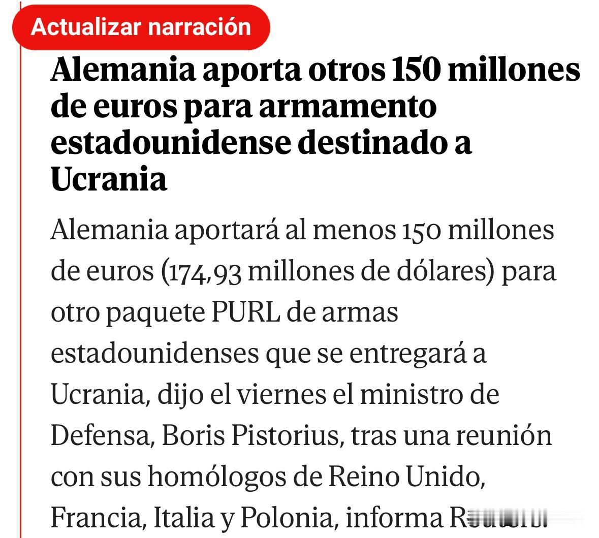 周五，国防部长皮斯托里斯在与英、法、意大利和波兰的同行会面后表示，德国将向乌克兰