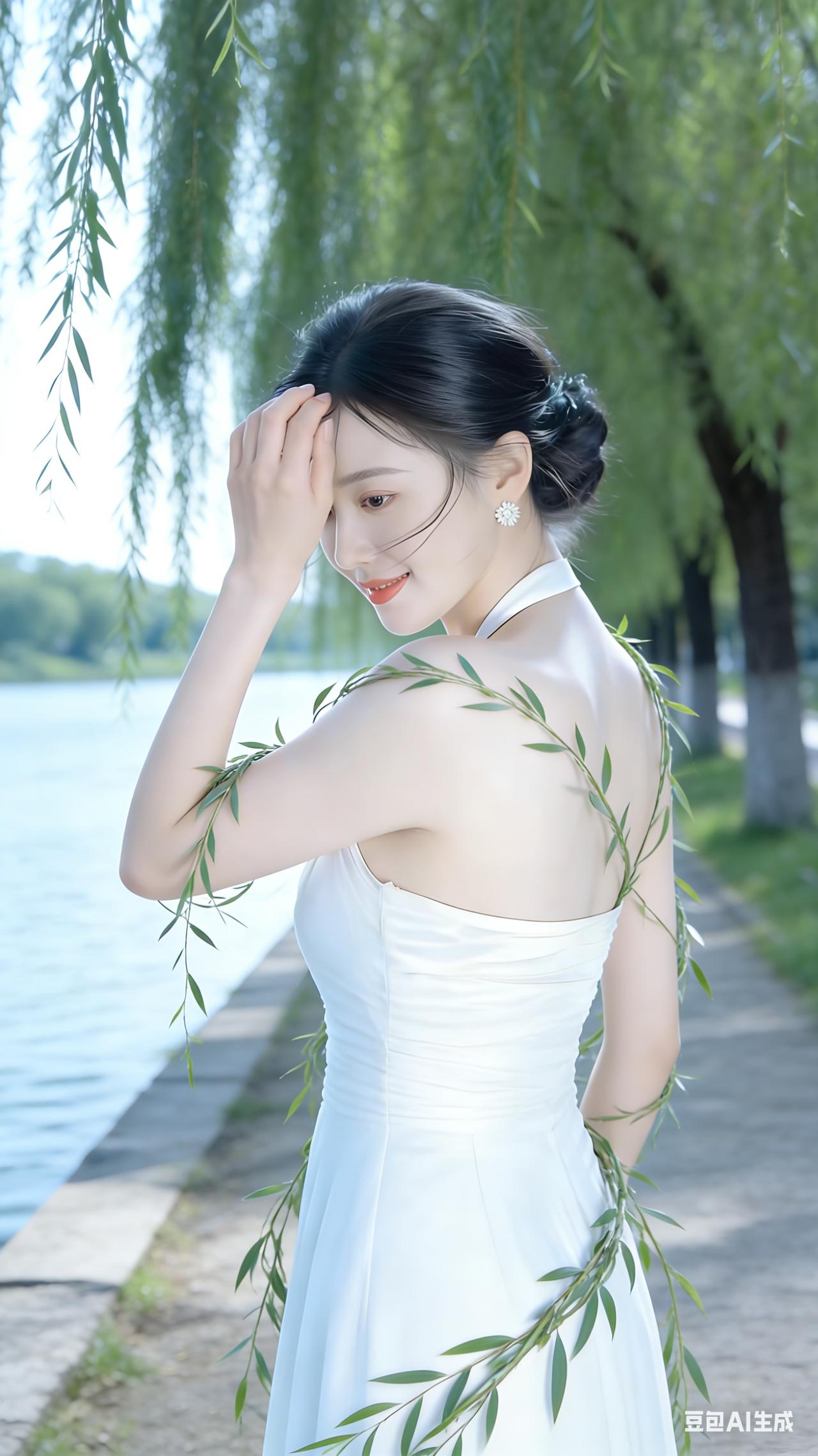 优雅白裙，绿意环绕，湖畔漫步，清新自然。
白裙少女感 
温柔气质小白裙 
湖边白