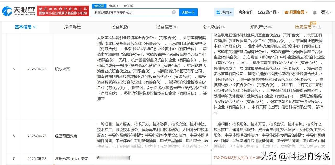 【联想创投旗下基金等入股炎和科技 后者为钙钛矿技术研发商】
天眼查 App 显示