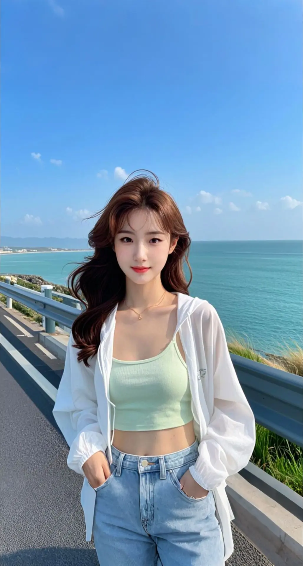 AI扩图 AI滨海沐光少女