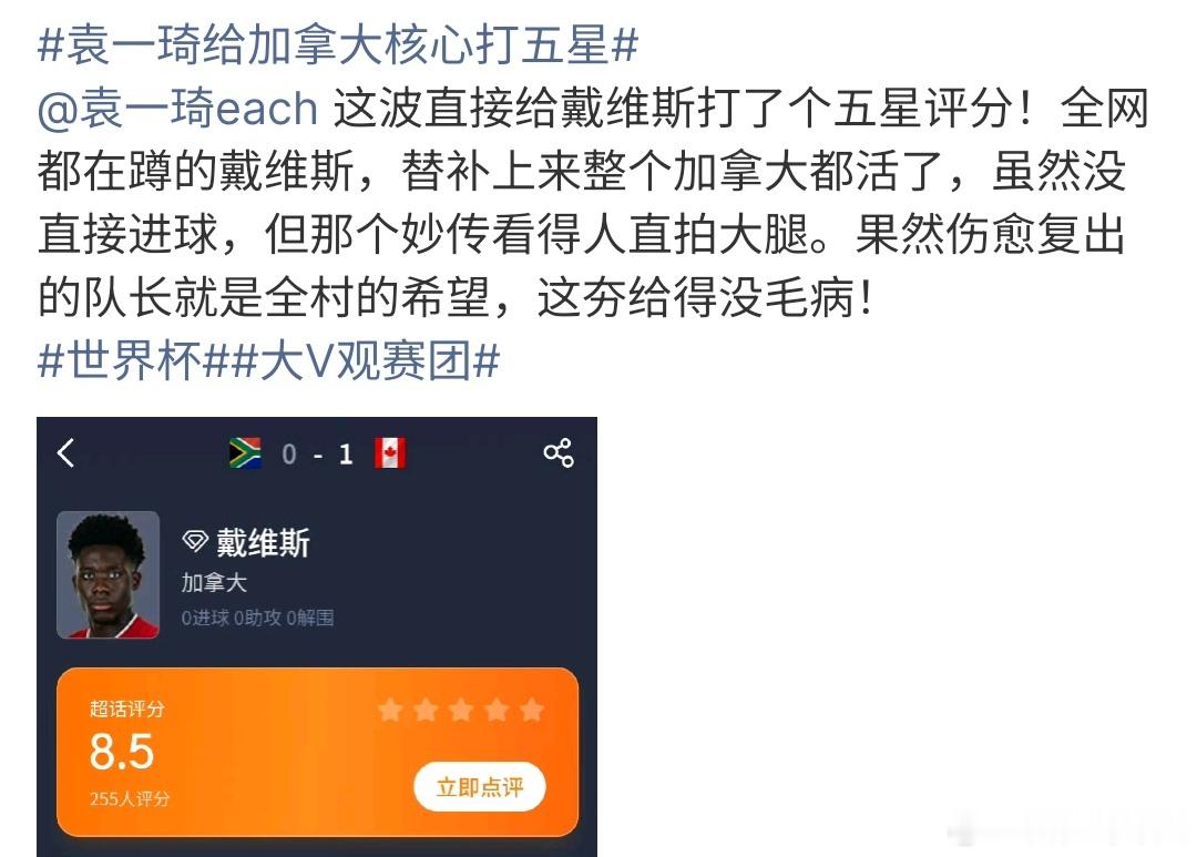 袁一琦给加拿大核心打五星袁一琦给加拿大核心打五星，要知道加拿大直接1-0绝杀南非