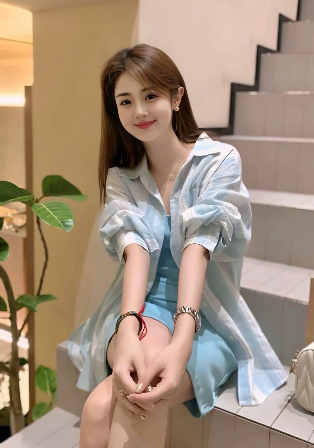 元气少女穿搭指南，清新蓝白条纹，元气满满！
衬衫把窗外的凉都滤成软蓝，指尖绞着的