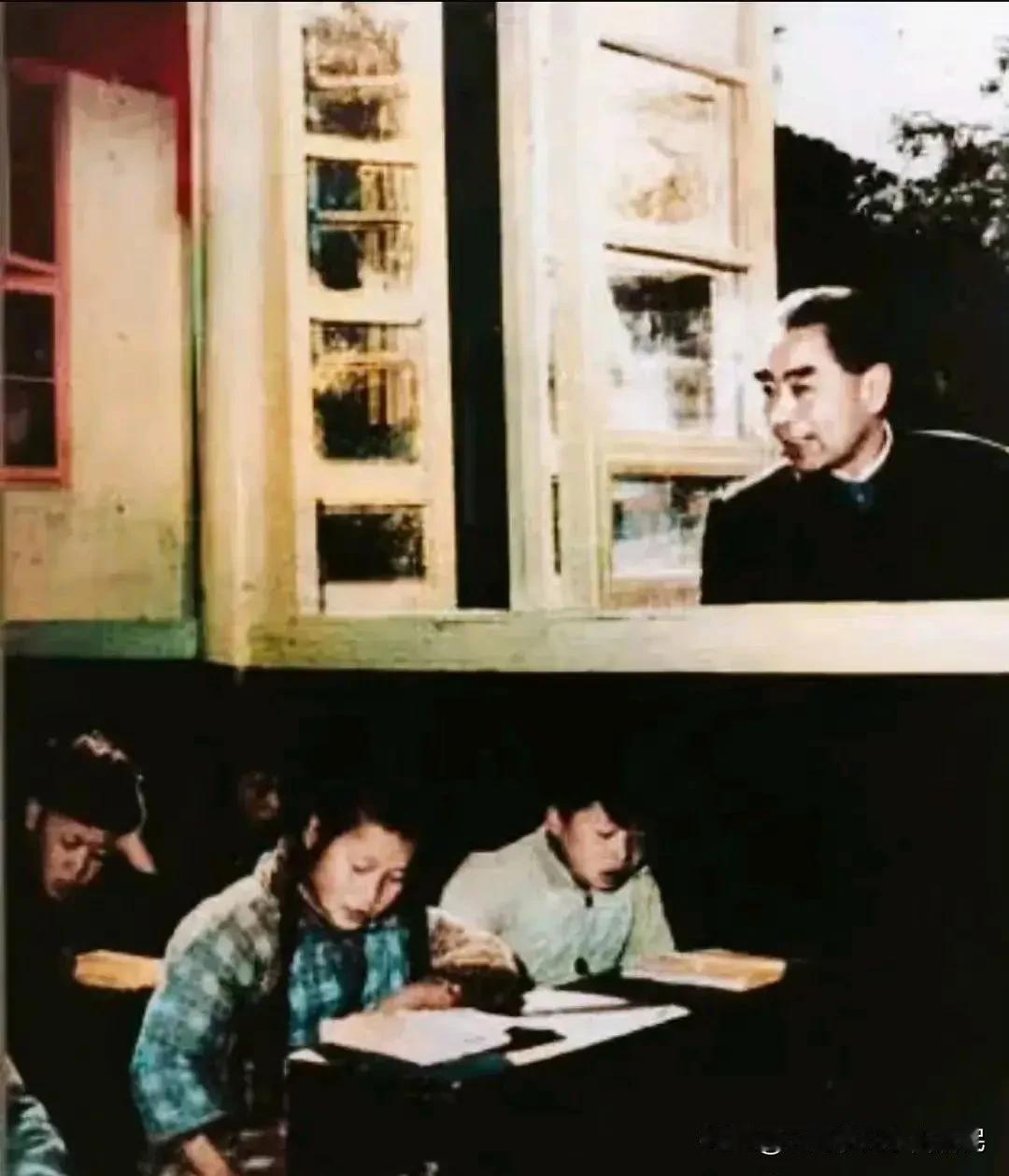 1957年4月，敬爱的总理到了杭州，在去梅家坞小学参观时，怕打扰学生上课，站在窗