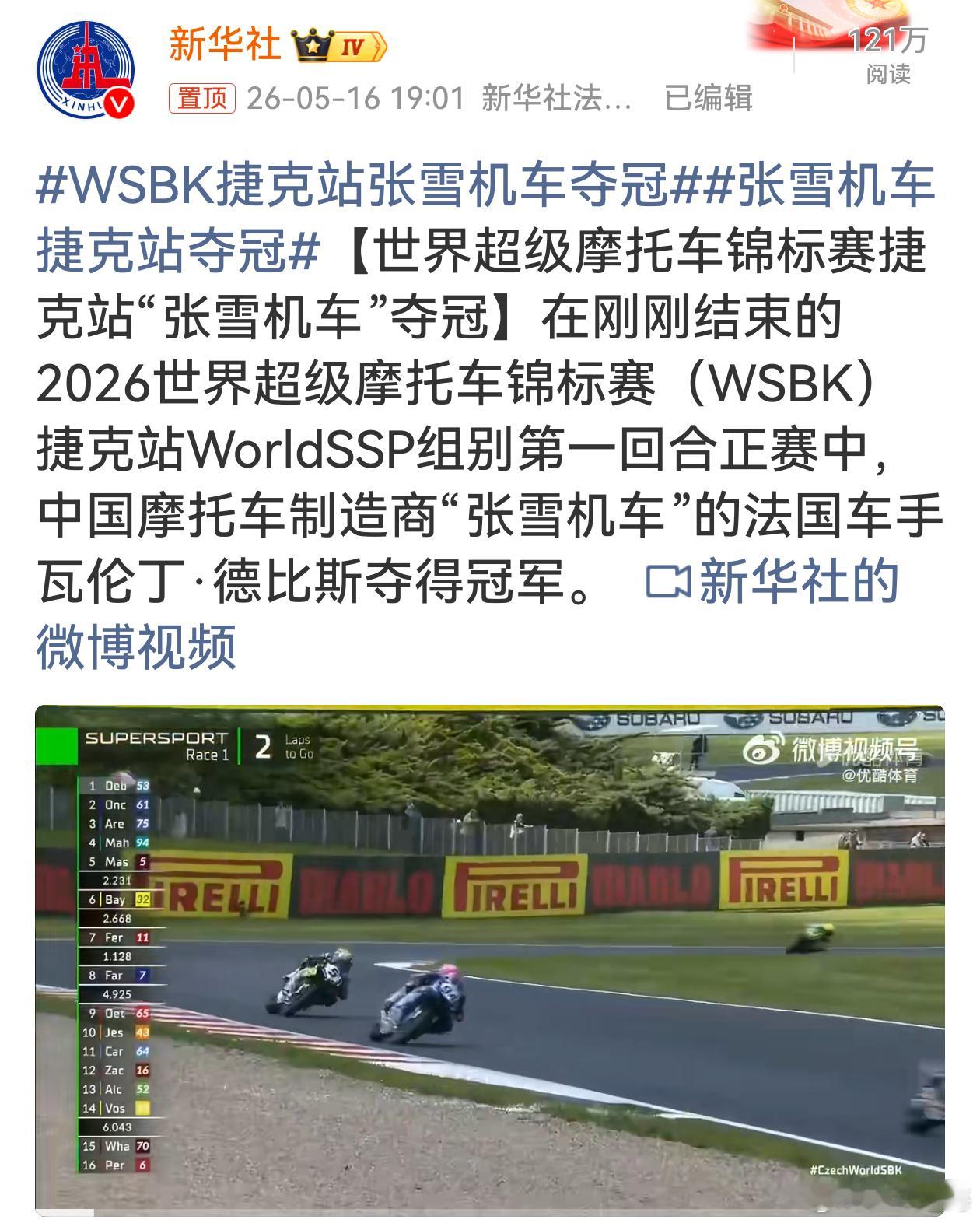 张雪机车捷克站夺冠太牛啦！“张雪机车”在WSBK捷克站再创佳绩，法国车手瓦伦丁·