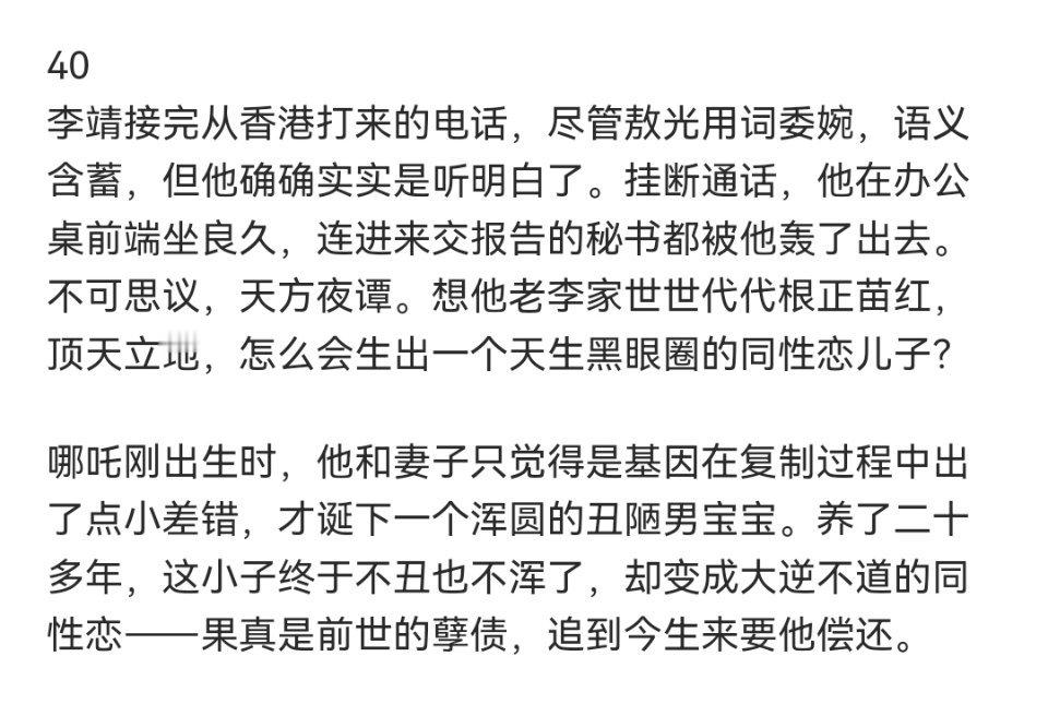 “想他老李家世世代代根正苗红，顶天立地，怎么会生出一个天生黑眼圈的同性恋儿子？”