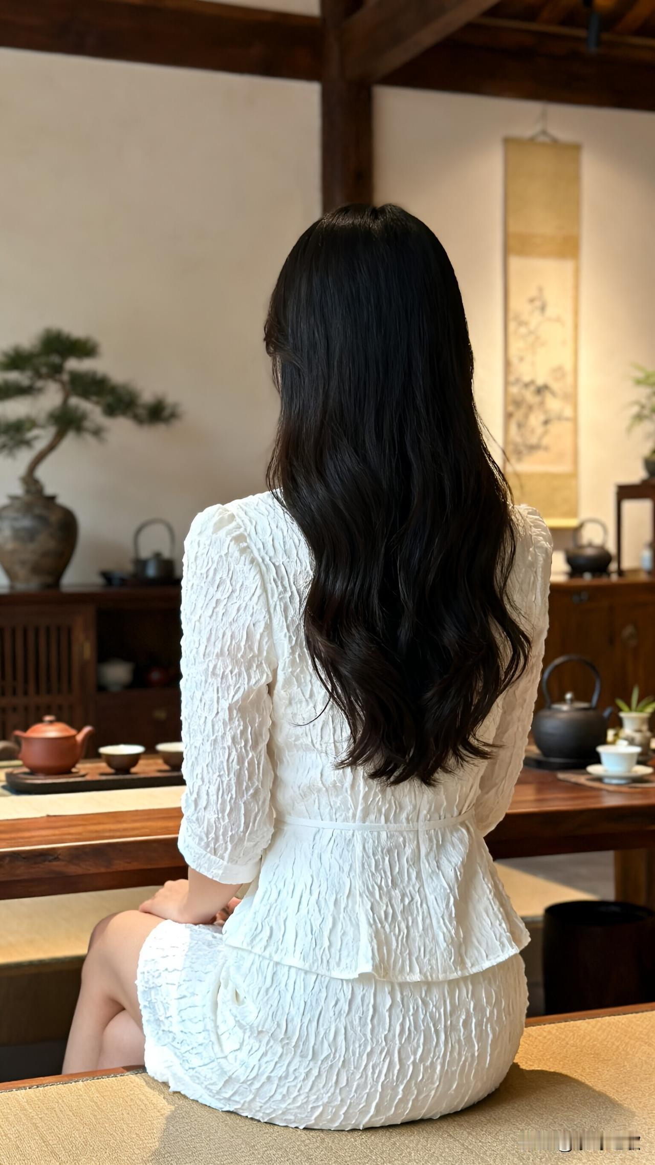茶室穿白肌理裙，被茶艺师夸像江南闺秀！
 
今天和朋友去中式茶室喝茶，穿了这条白