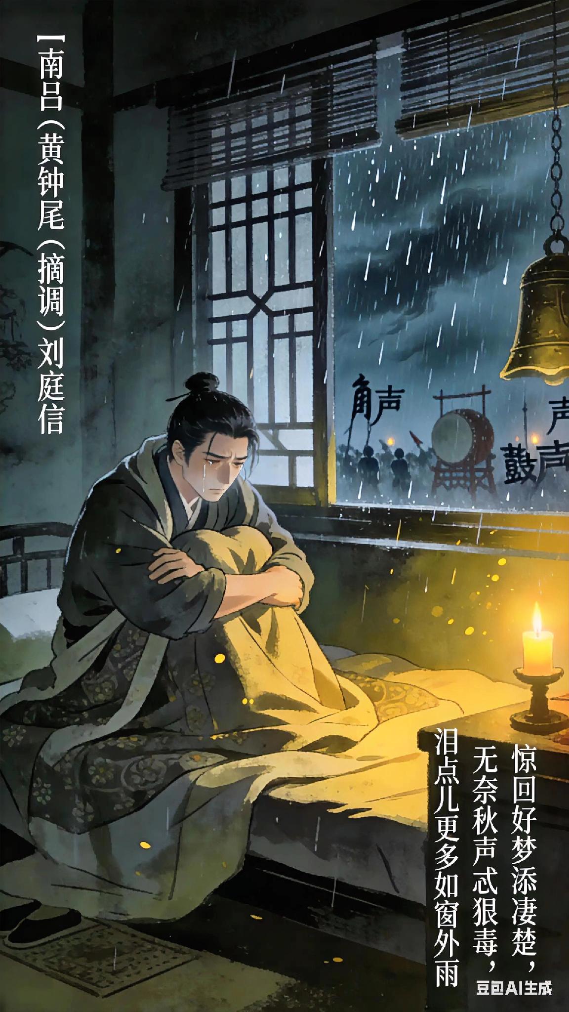 《南吕》黄钟尾（摘调）、刘庭信。
惊回好梦添凄楚，
无奈秋声忒狠毒。
风声忧，雨