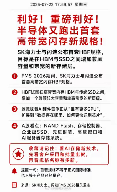 利好！重磅利好！算力不再是 AI 唯一胜负手！HBF 闪存方案落地，服务器存储短