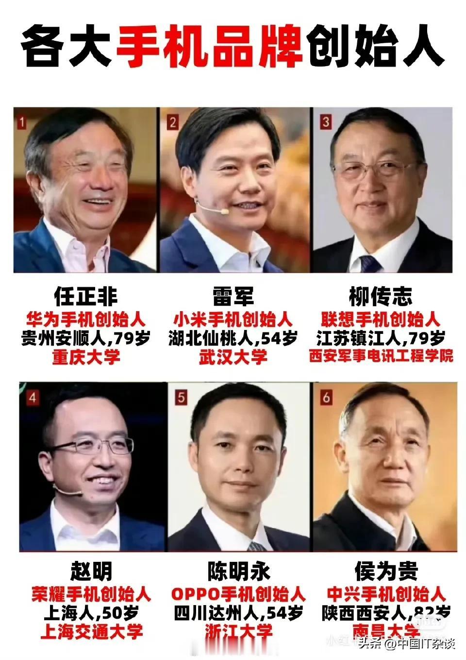 各手机品牌的创始人大佬的年龄和学历！ ​​​