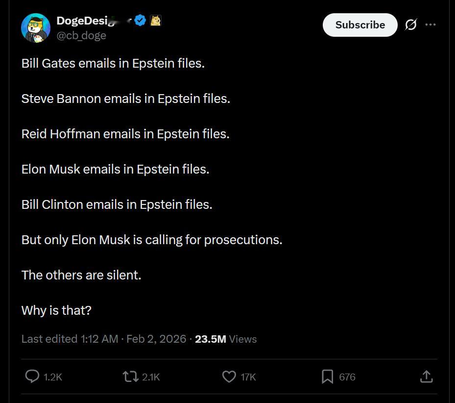推特热帖说，比尔·盖茨、史蒂夫·班农、里德·霍夫曼、比尔·克林顿都在埃普斯坦的档