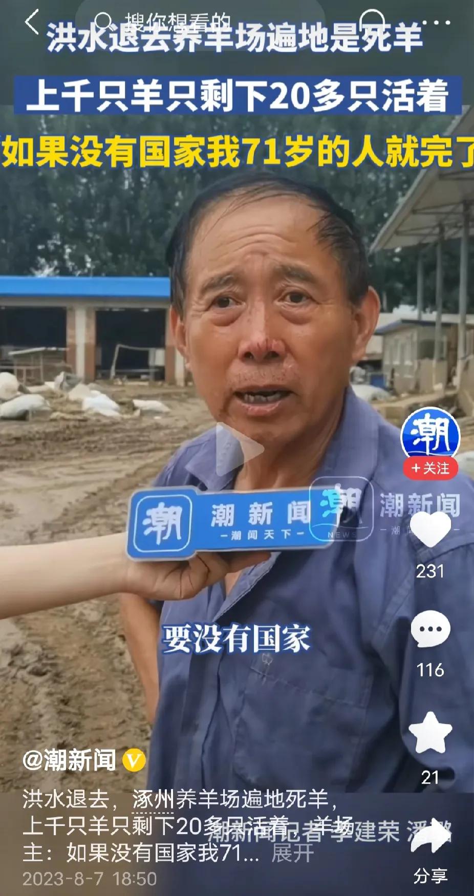 我真感谢国家呀，一个71岁涿州养殖户的心声。养殖户说：上千只羊，冲走①大部分，剩