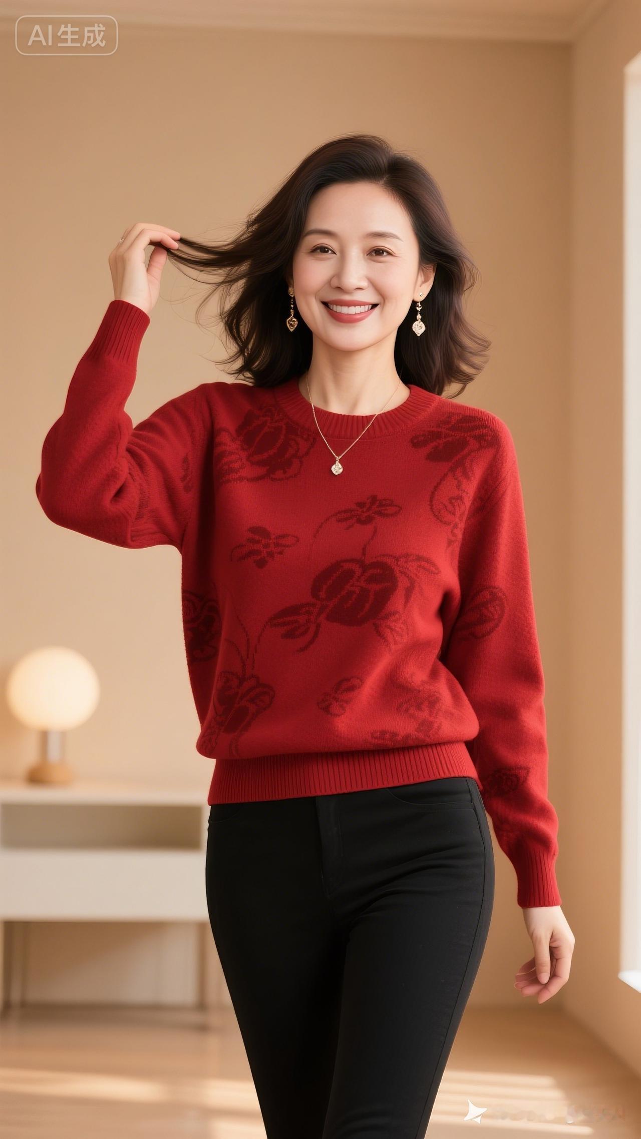 温暖冬日穿搭，红色毛衣搭配黑色裤子，尽显时尚与优雅！🌟💖