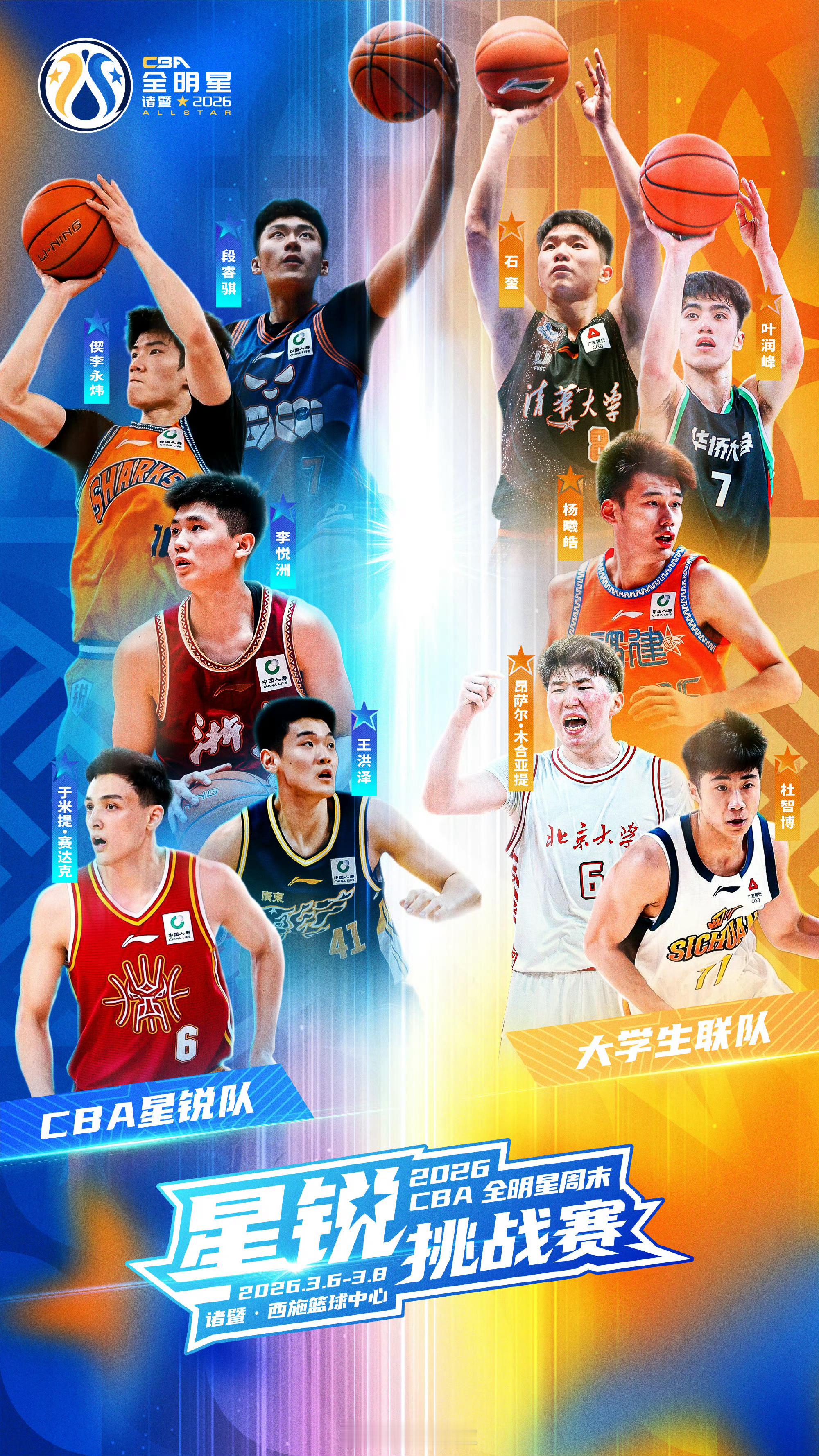 2026CBA全明星周末星锐赛名单公布CBA星锐队：袁照耀（广州），张陈治锋（辽