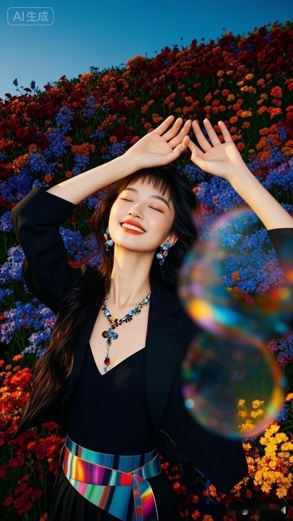 黑裙少女与粉花田野的浪漫邂逅🌸✨