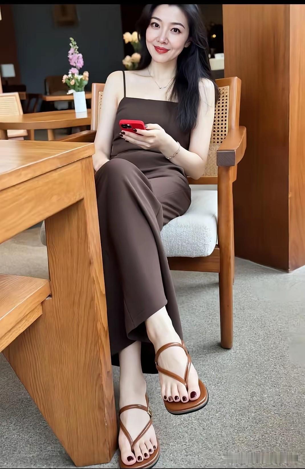 谁懂啊，秋天的松弛感全被这条咖色吊带套装拿捏了。
缎面垂感的面料顺着身形往下滑，