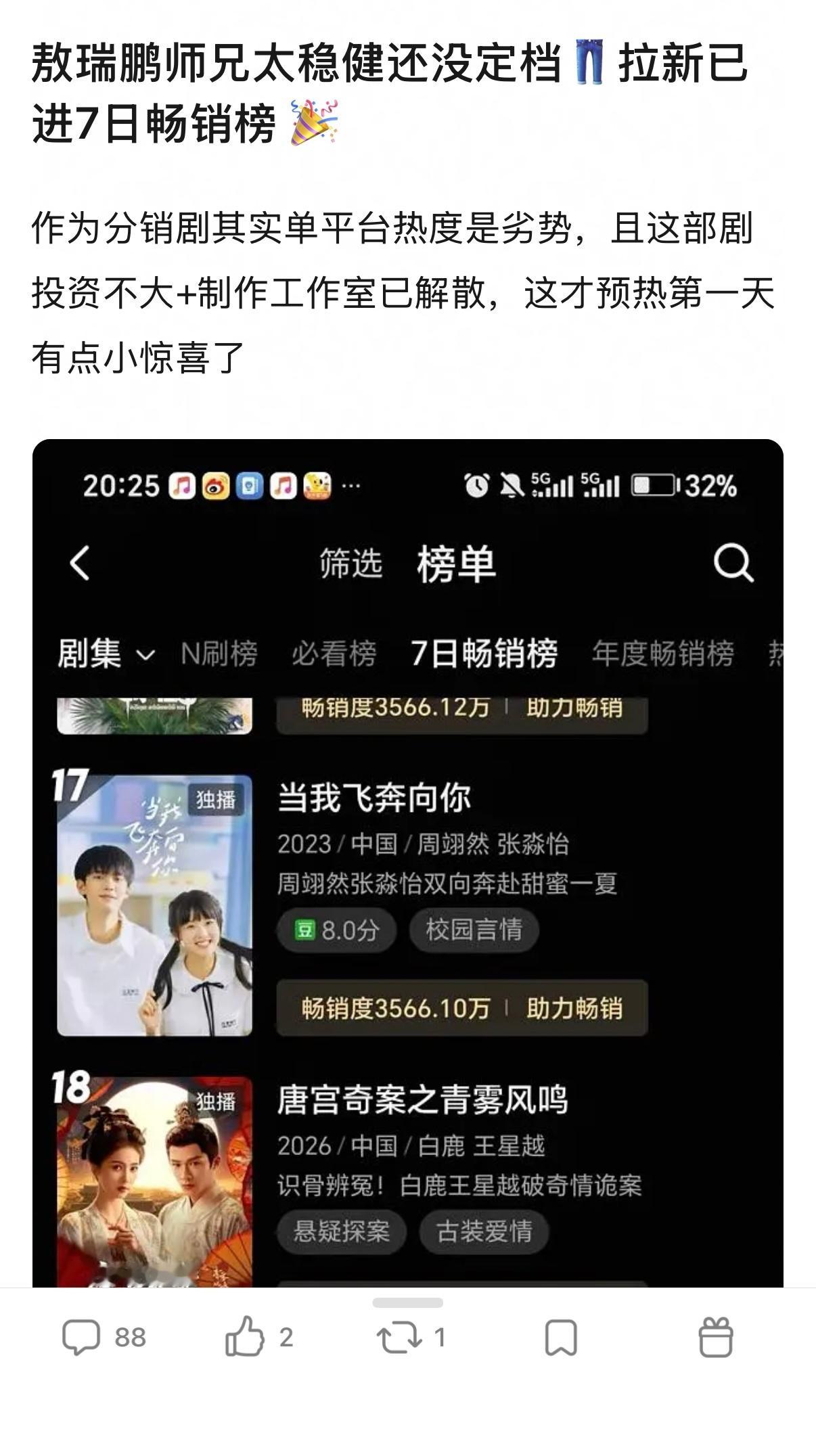 恭喜敖瑞鹏大男主剧《师兄太稳健》还没定档，拉新已进入优酷7日畅销榜