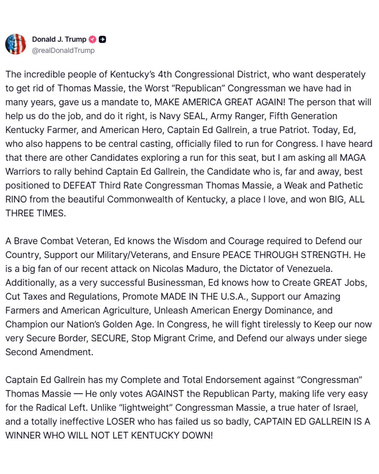 特朗普呼吁共和党选民在他明天访问肯塔基州第四选区（托马斯·马西众议员的选区）之前