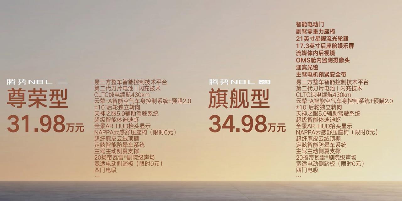 腾势N8L闪充版价格
尊荣型——31.98万
旗舰型——34.98万

比预售价