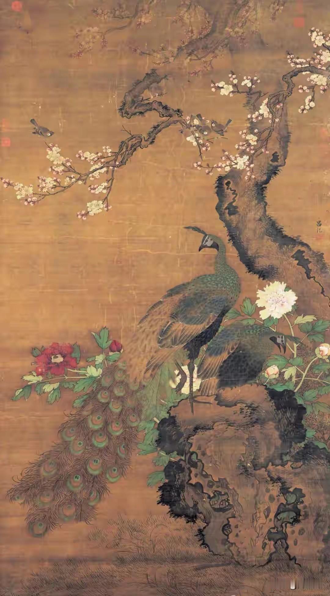 吕纪是明代弘治年间宫廷花鸟大家，融合边景昭工笔、林良写意，形成禽鸟精工、树石粗放
