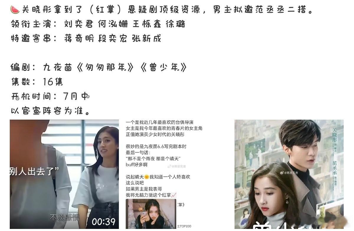 关晓彤出演红掌，男主疑似范丞丞。不过网友对范丞丞的演技都表示质疑，想要关晓彤李昀