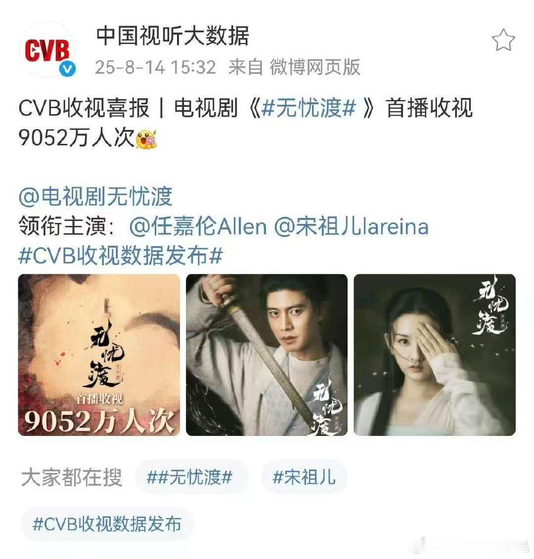 任嘉伦 宋祖儿 无忧渡上星首播收视观众达到近一亿人次 ​​​
