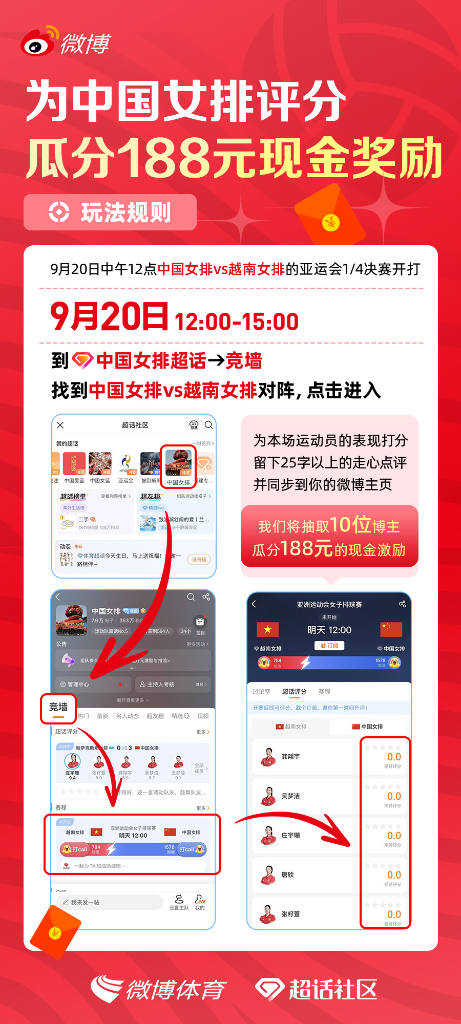 为中国女排评分，瓜分188元现金奖励9月20日中午12点中国女排vs越南女排的亚