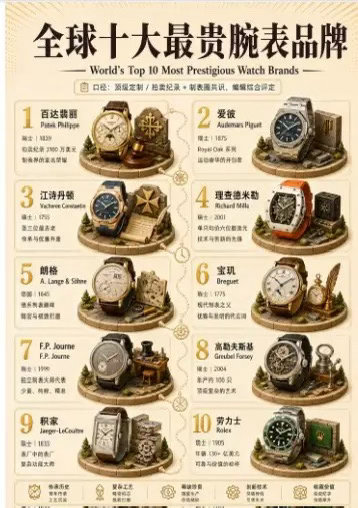 全球十大最贵手表品牌全球十大最贵手表品牌：第1名：百达翡丽           