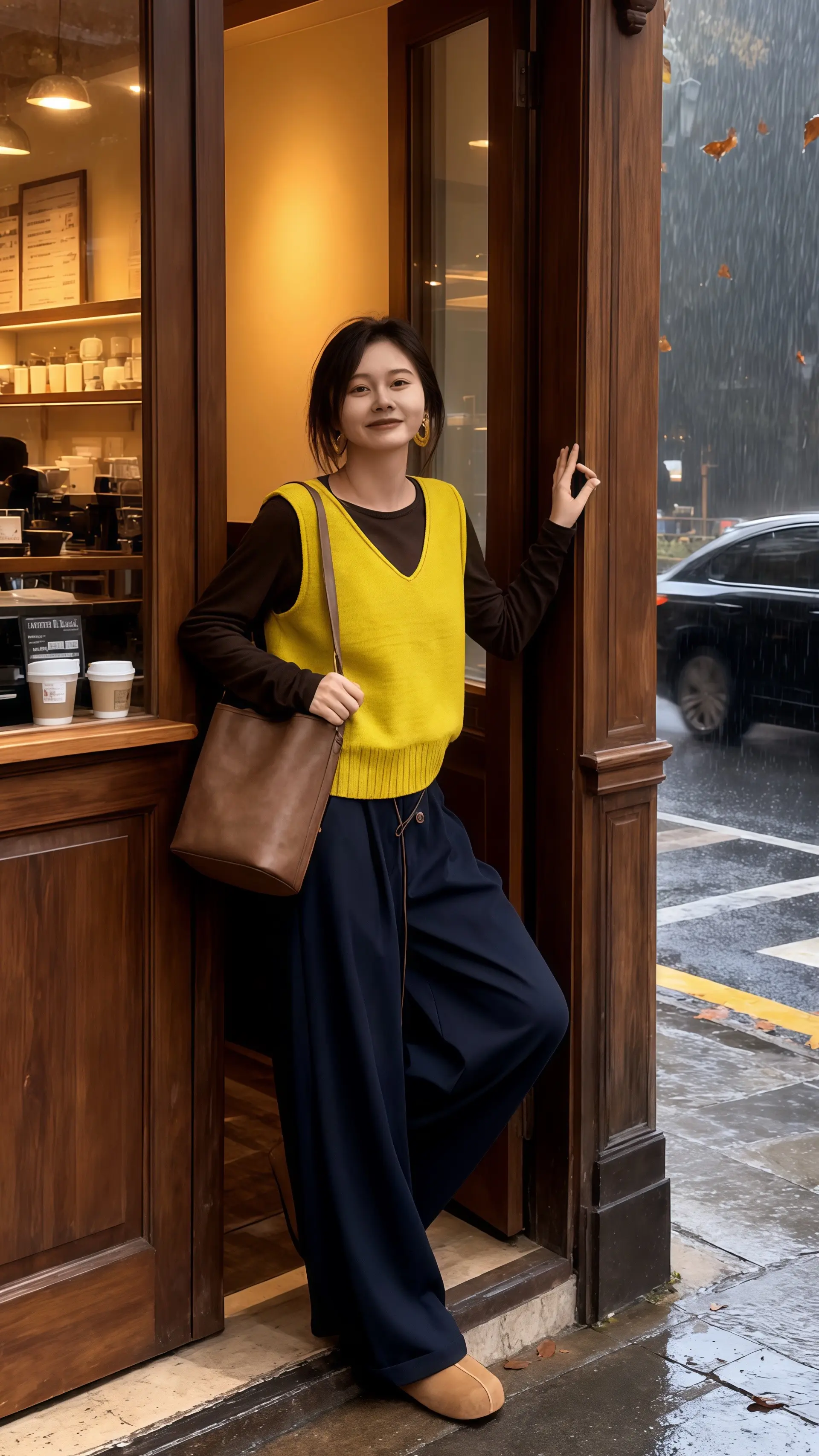 她穿着黄色针织背心三件套，在复古咖啡店的落地窗旁自成风景。暖黄针织与深...