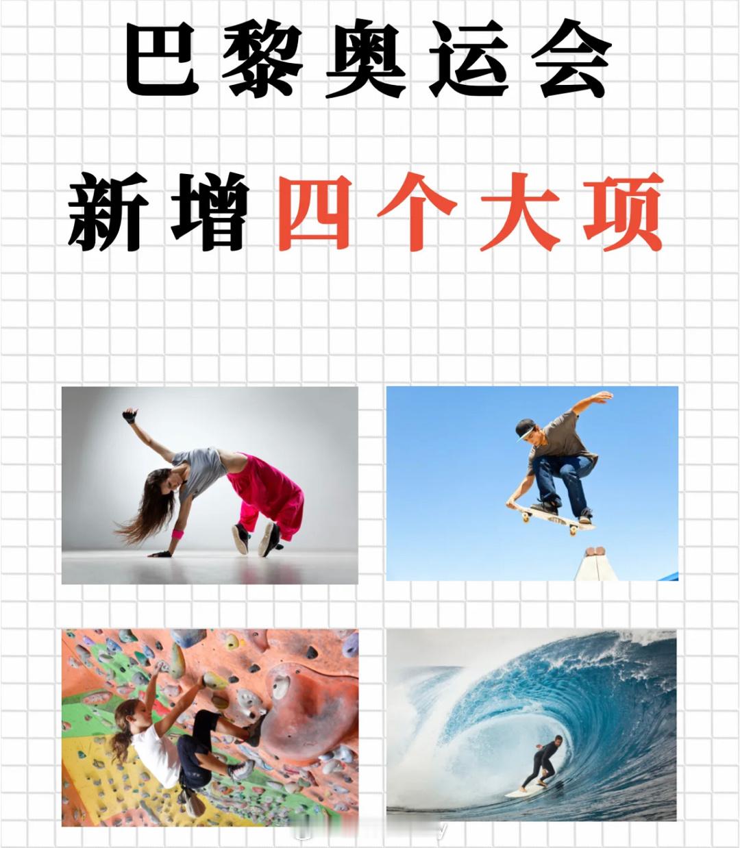 巴黎奥运会新增四大项霹雳舞、滑板、攀岩、冲浪#巴黎奥运会##全民聊奥运##动就一