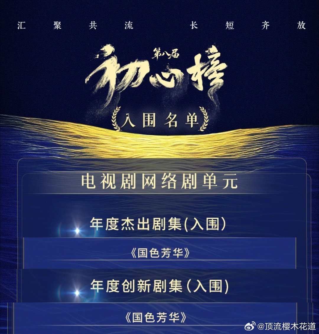恭喜国色芳华/锦绣芳华 同时入围第八届初心榜两项荣誉单元！年度杰出剧集和年度创新
