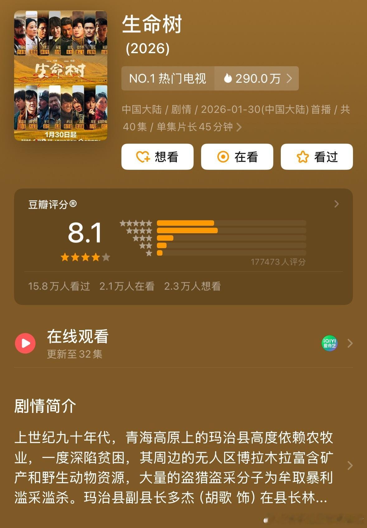 杨紫胡歌《生命树》豆瓣开分8.1  高了低了 