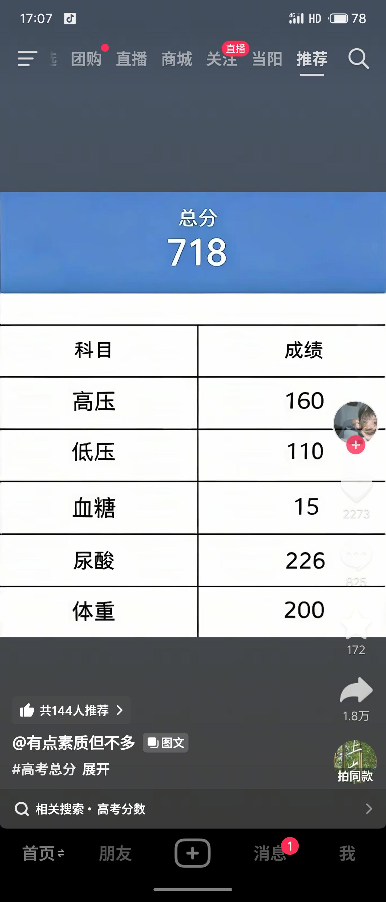 总分718！这成绩放高考能上清华，放体检单能上病床。高压160、低压110、血糖