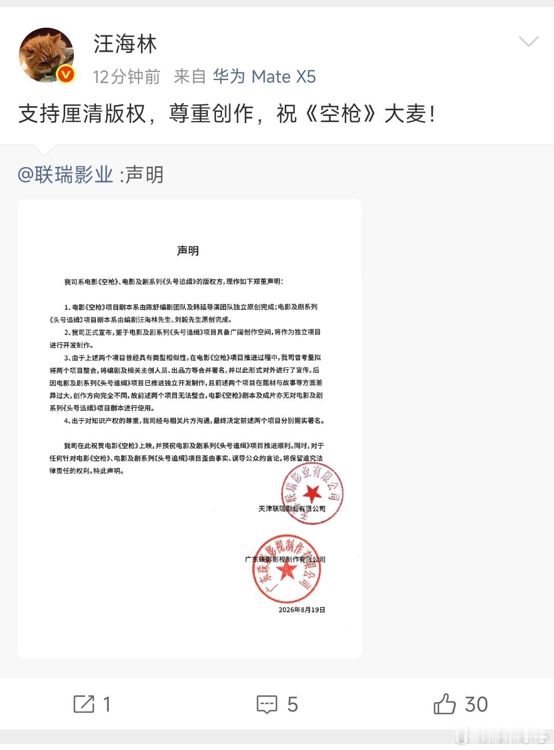 汪海林回应空枪声明汪海林支持空枪厘清版权 汪海林回应空枪声明不错 